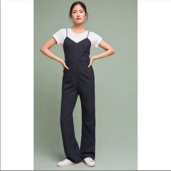 By Anthropologie • Navy Blue Pinstriped Jumpsuit Sz 14 Spaghetti Strap Casual - Picture 1 of 11